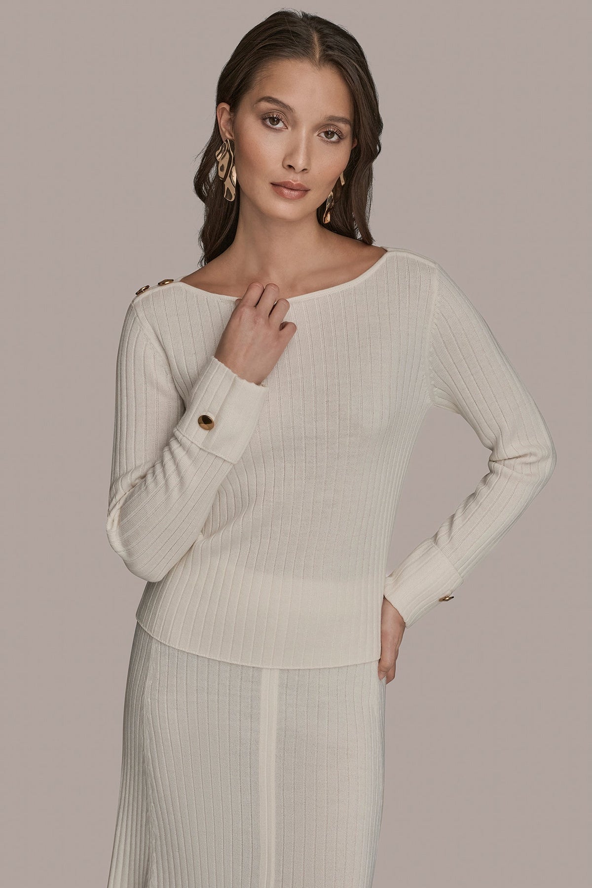 LONG SLEEVE BOATNECK RIBBED BUTTON SWEATER - CREAM
