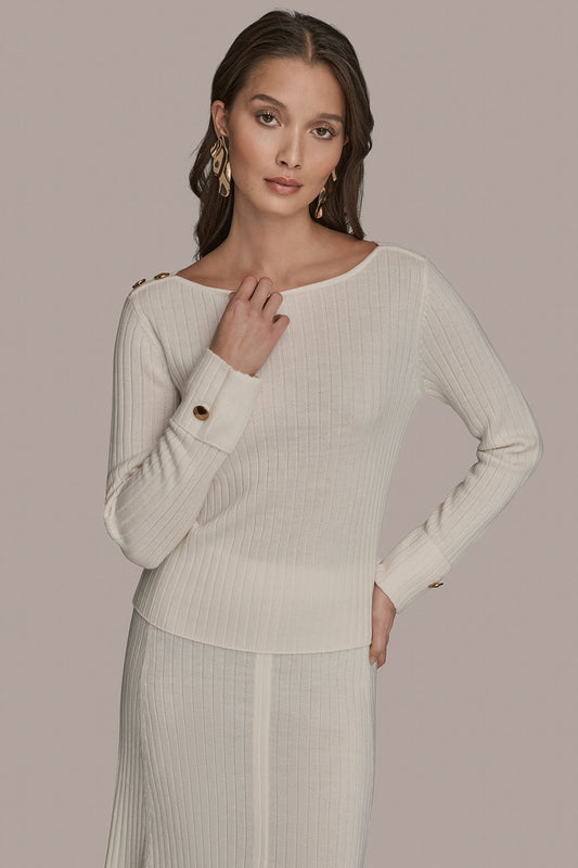 LONG SLEEVE BOATNECK RIBBED BUTTON SWEATER - CREAM