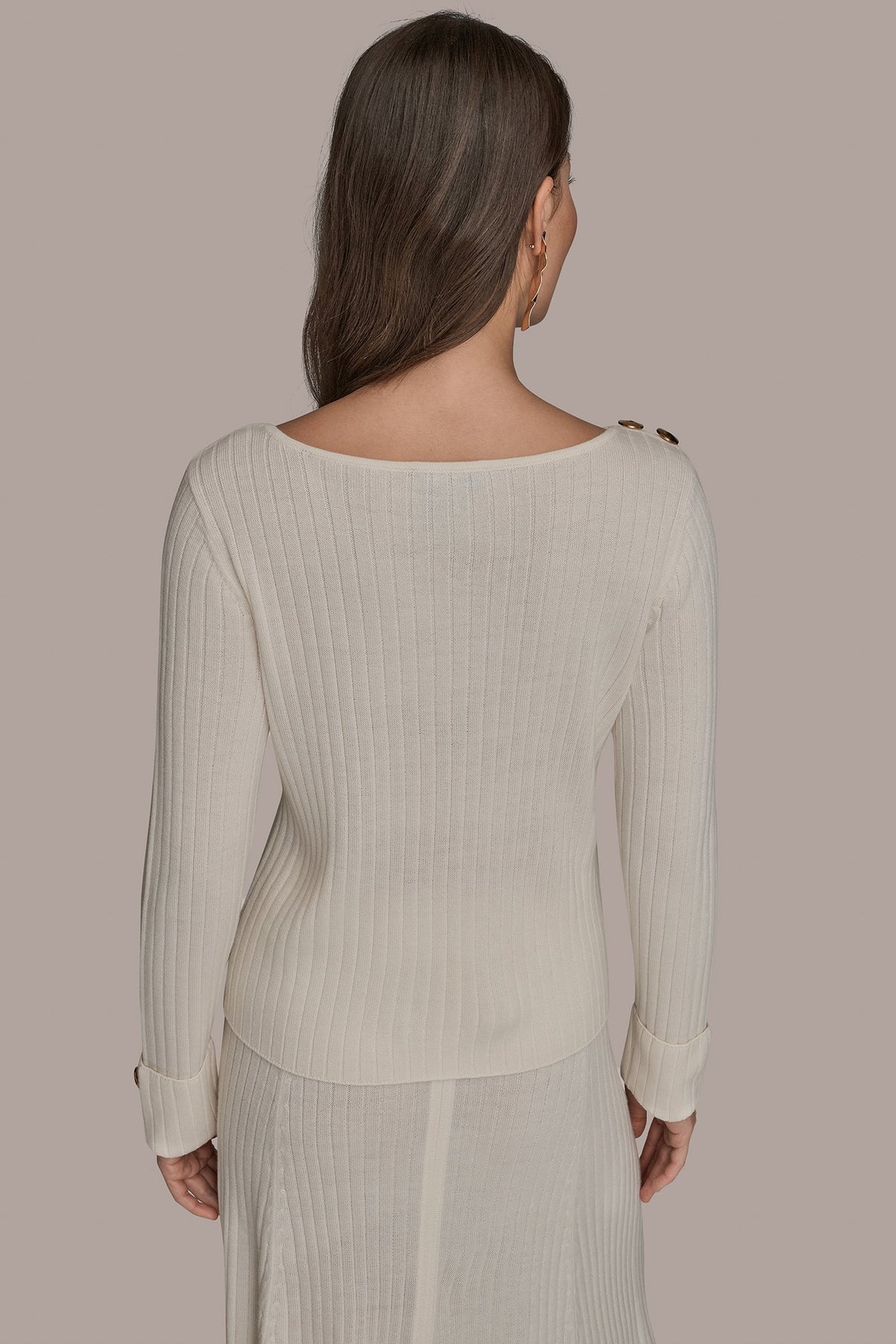 LONG SLEEVE BOATNECK RIBBED BUTTON SWEATER - CREAM