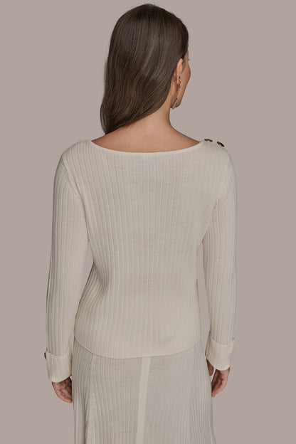 LONG SLEEVE BOATNECK RIBBED BUTTON SWEATER - CREAM