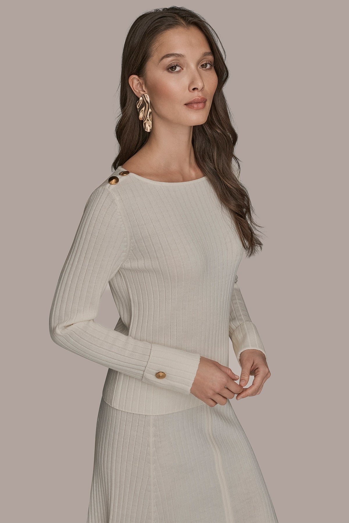 LONG SLEEVE BOATNECK RIBBED BUTTON SWEATER - CREAM
