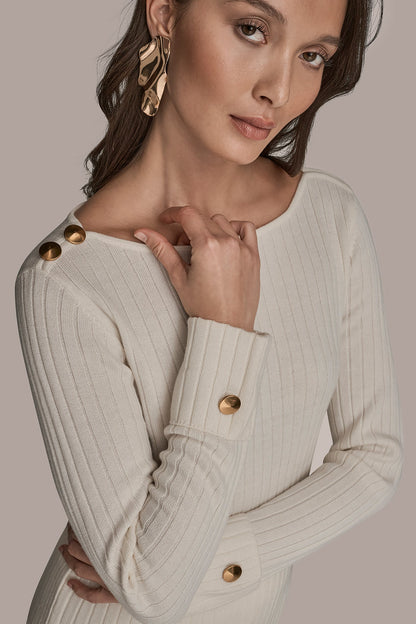 LONG SLEEVE BOATNECK RIBBED BUTTON SWEATER - CREAM