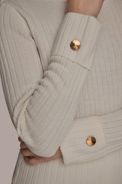 LONG SLEEVE BOATNECK RIBBED BUTTON SWEATER - CREAM