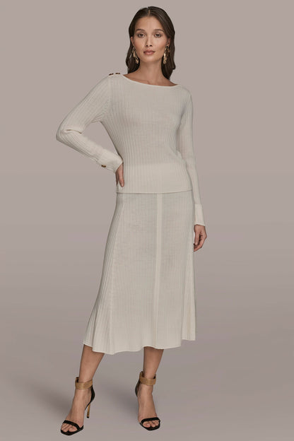 LONG SLEEVE BOATNECK RIBBED BUTTON SWEATER - CREAM