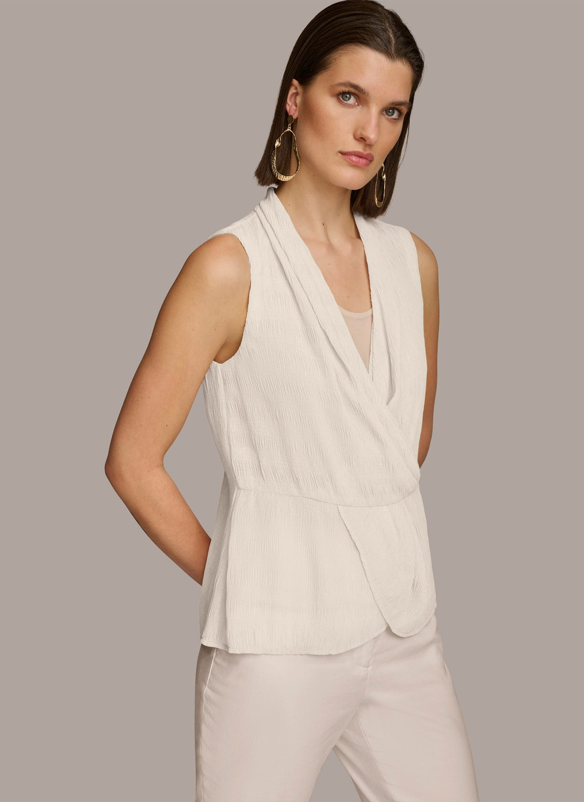 FAUX WRAP PEPLUM TOP - Cream
