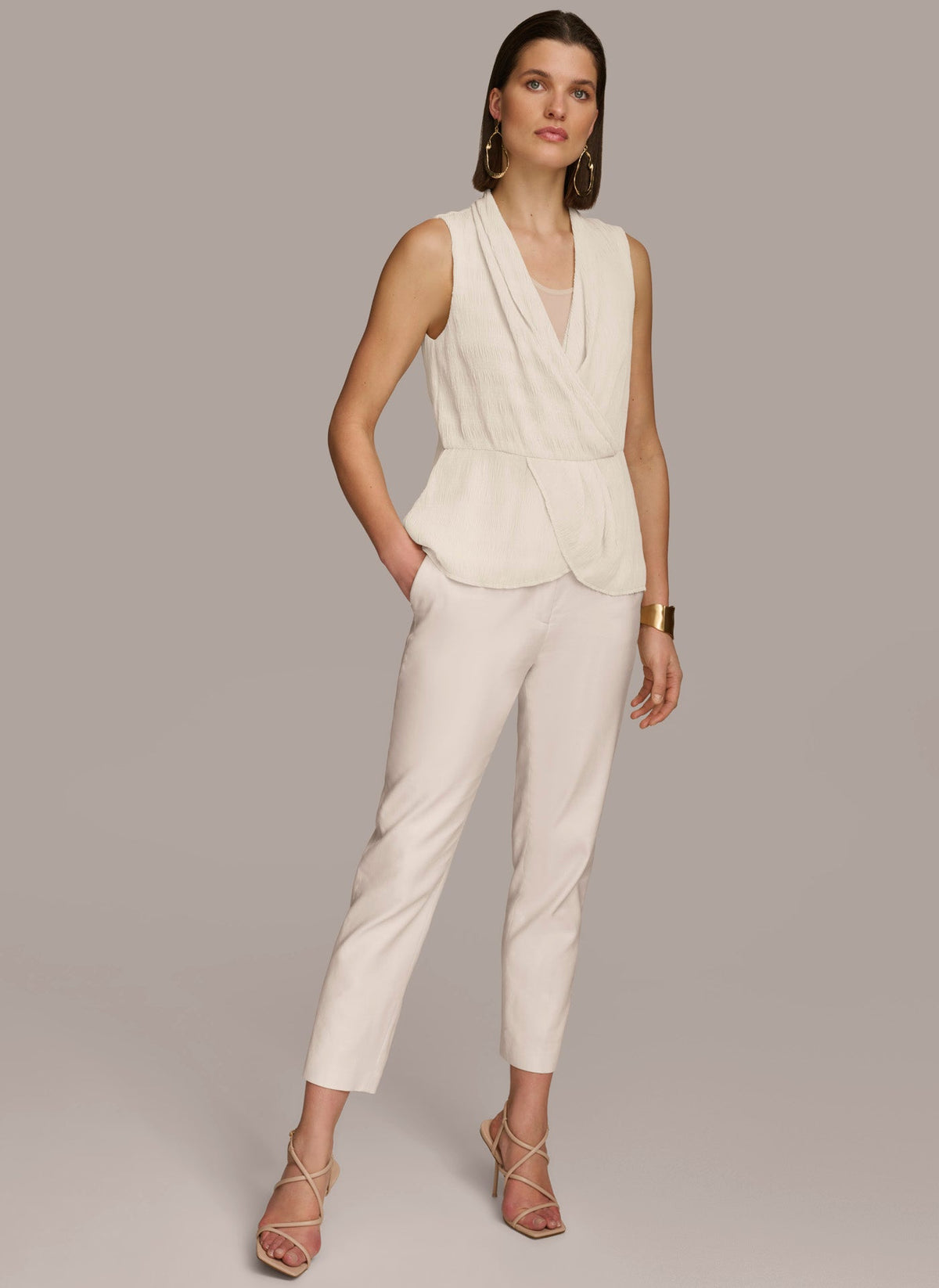 FAUX WRAP PEPLUM TOP - Cream