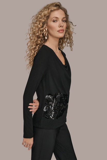 LONG-SLEEVE COWL-NECK FLORAL TOP - Black
