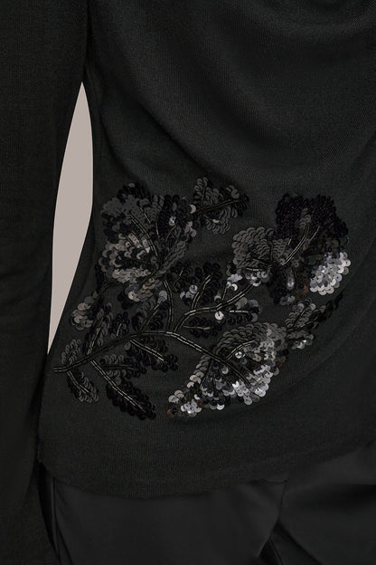LONG-SLEEVE COWL-NECK FLORAL TOP - Black
