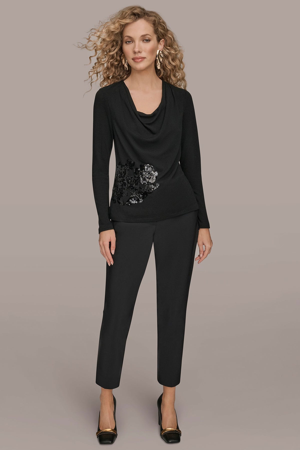 LONG-SLEEVE COWL-NECK FLORAL TOP - Black