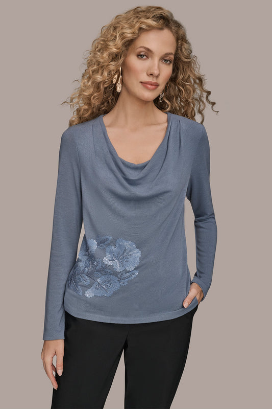 LONG-SLEEVE COWL-NECK FLORAL TOP - TEMPEST