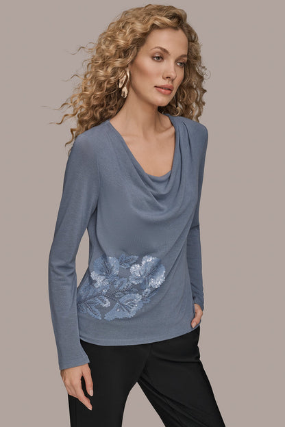 LONG-SLEEVE COWL-NECK FLORAL TOP - TEMPEST
