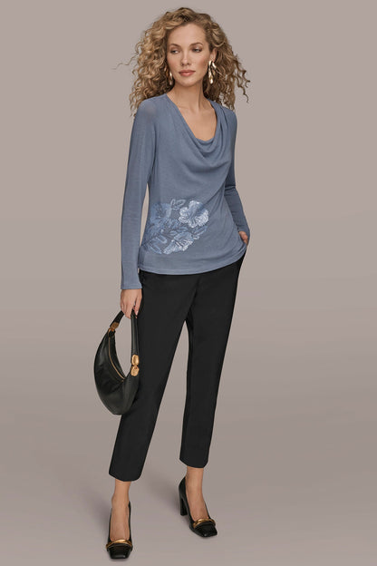 LONG-SLEEVE COWL-NECK FLORAL TOP - TEMPEST