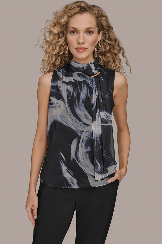 TIE-NECK HALTER BLOUSE - BLACK/VAPOR MULTI
