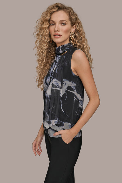 TIE-NECK HALTER BLOUSE - BLACK/VAPOR MULTI