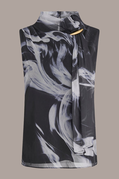 TIE-NECK HALTER BLOUSE - BLACK/VAPOR MULTI