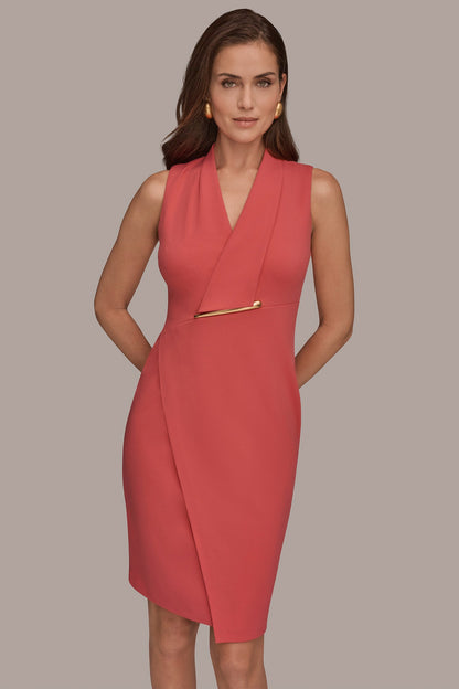 SLEEVELESS WRAP V-NECK SHEATH DRESS - Azalea Pink