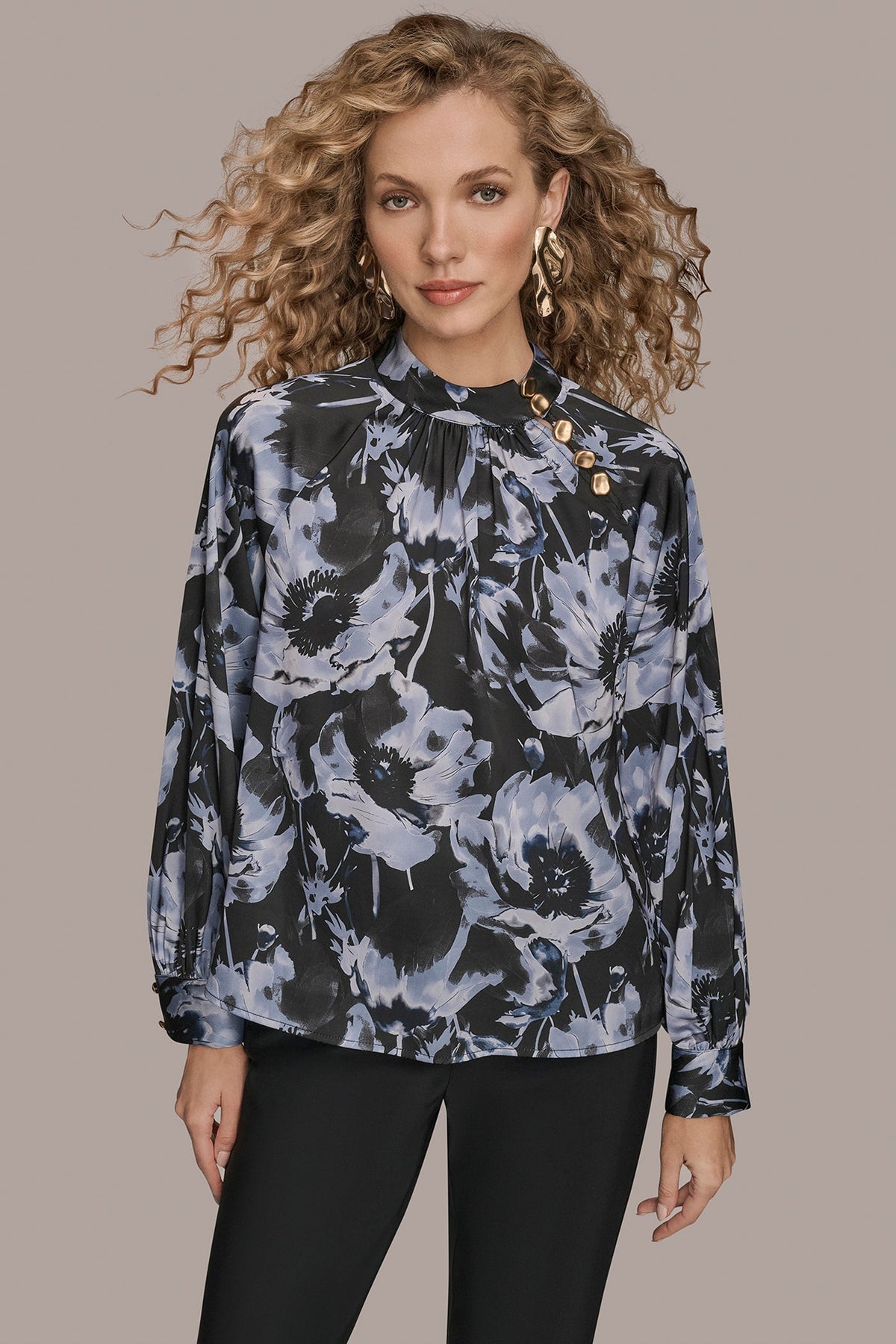 BUTTON-NECK BLOUSE - BLACK/TEMPEST
