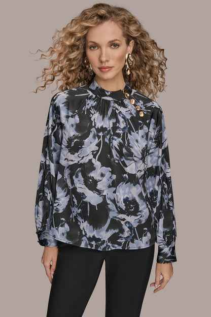 BUTTON-NECK BLOUSE - BLACK/TEMPEST