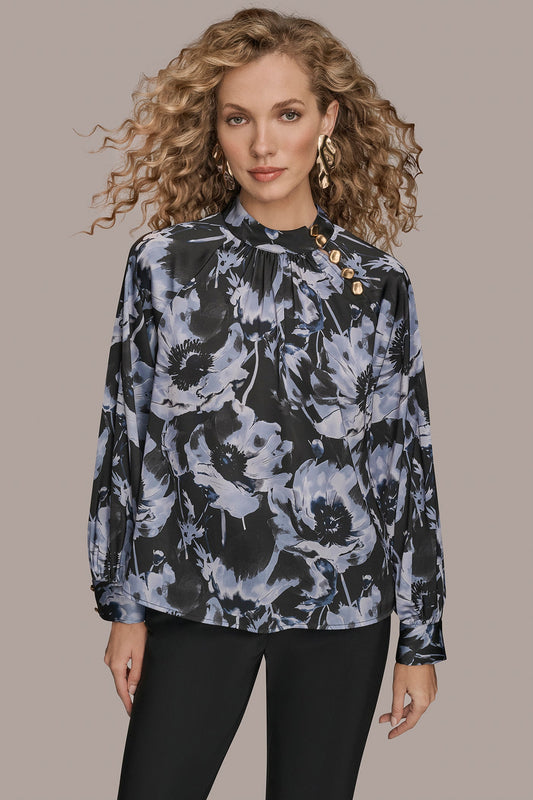 BUTTON-NECK BLOUSE - BLACK/TEMPEST