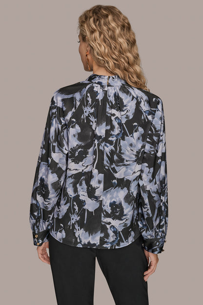 BUTTON-NECK BLOUSE - BLACK/TEMPEST