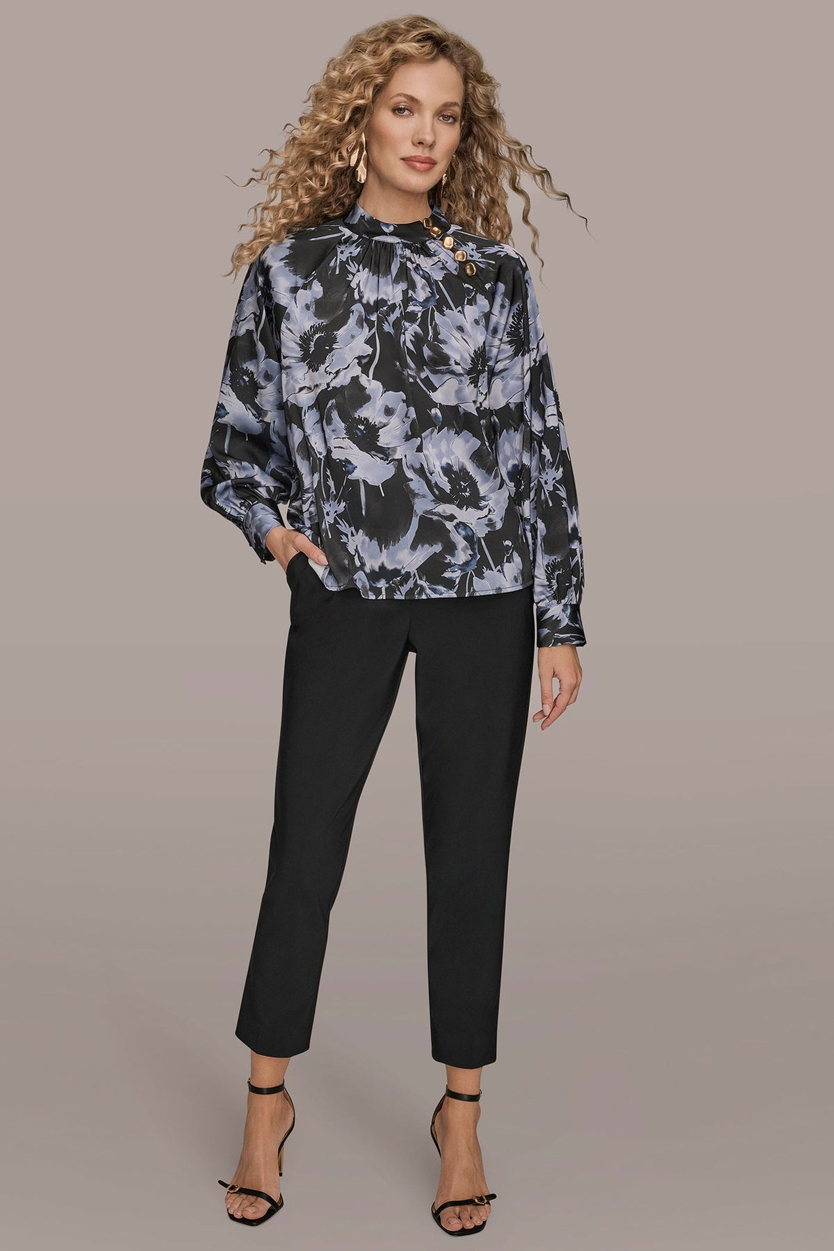 BUTTON-NECK BLOUSE - BLACK/TEMPEST