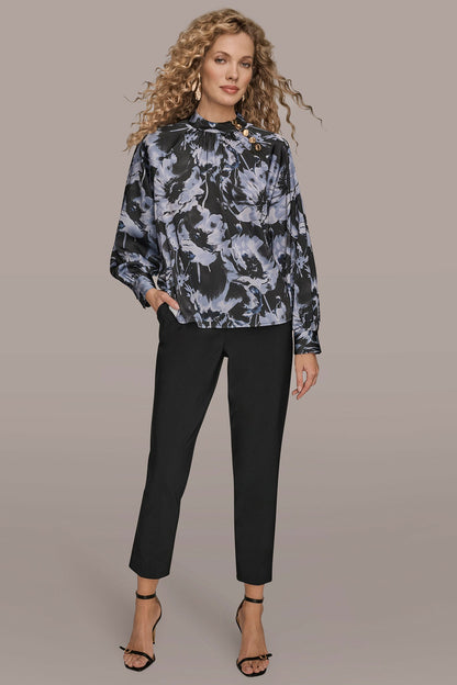 BUTTON-NECK BLOUSE - BLACK/TEMPEST