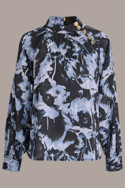 BUTTON-NECK BLOUSE - BLACK/TEMPEST