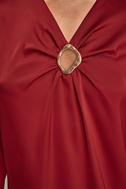 LONG SLEEVE RING V-NECK BLOUSE - Metropolitan RED