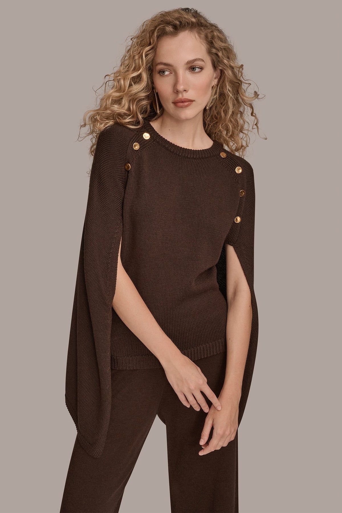 CAPE-EFFECT BUTTON SWEATER - CHOCOLATE PLUM