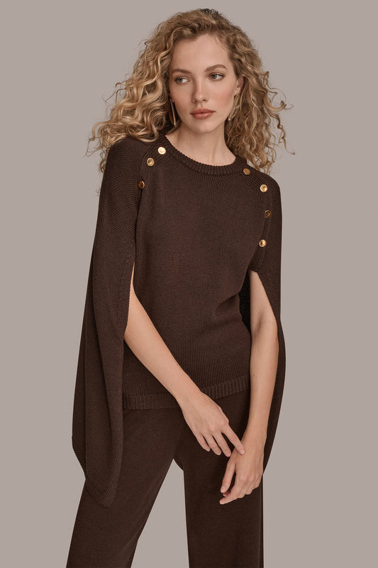 CAPE-EFFECT BUTTON SWEATER - CHOCOLATE PLUM