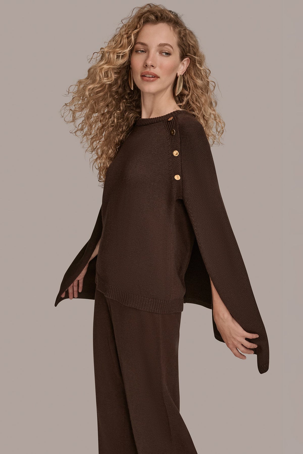 CAPE-EFFECT BUTTON SWEATER - CHOCOLATE PLUM