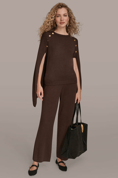 CAPE-EFFECT BUTTON SWEATER - CHOCOLATE PLUM
