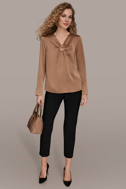LONG SLEEVE RING V-NECK BLOUSE - Fawn