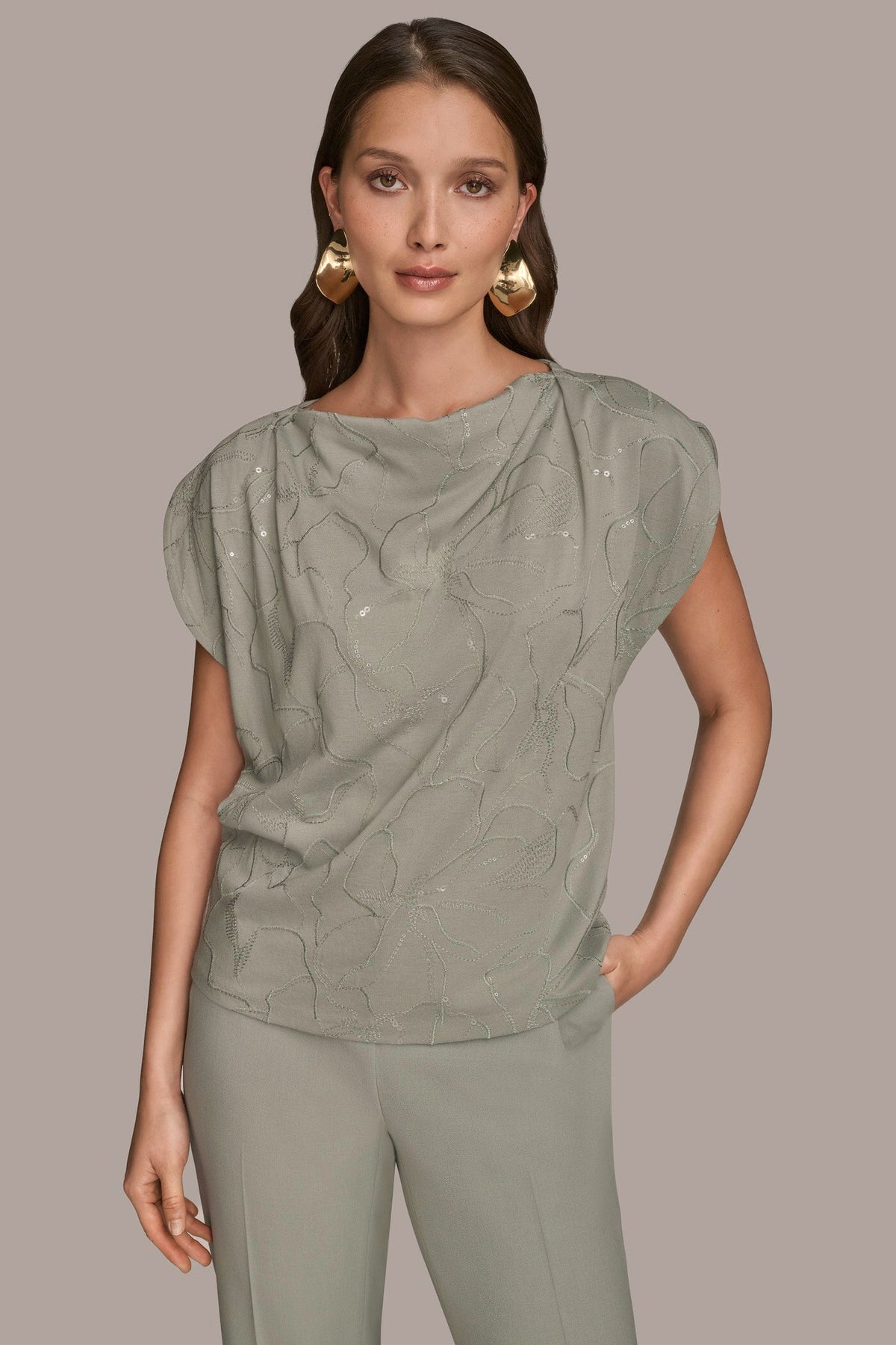 SHORT SLEEVE COWL-NECK SEQUIN TOP - WEATHERED SAGE