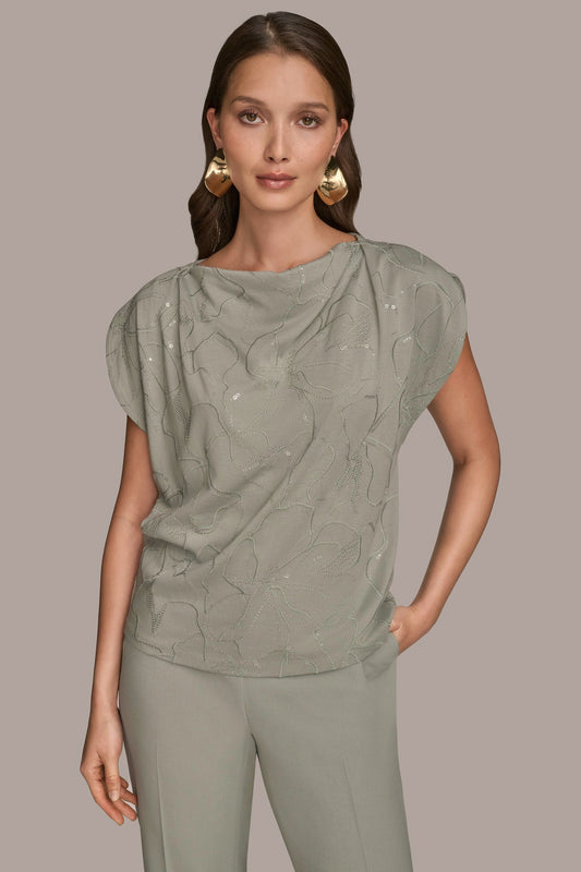 SHORT SLEEVE COWL-NECK SEQUIN TOP - WEATHERED SAGE