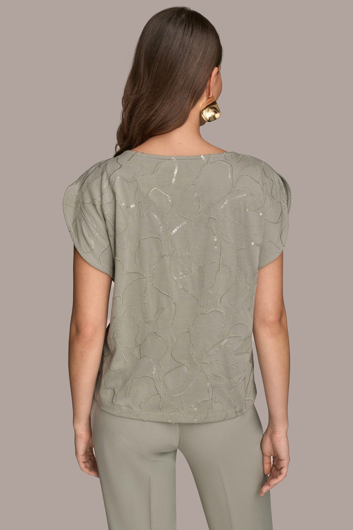 SHORT SLEEVE COWL-NECK SEQUIN TOP - WEATHERED SAGE