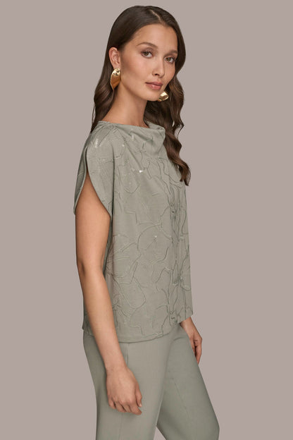 SHORT SLEEVE COWL-NECK SEQUIN TOP - WEATHERED SAGE