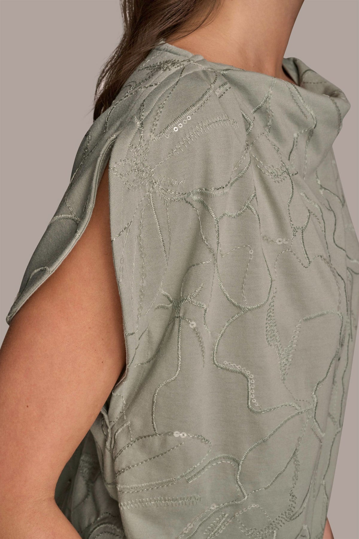 SHORT SLEEVE COWL-NECK SEQUIN TOP - WEATHERED SAGE