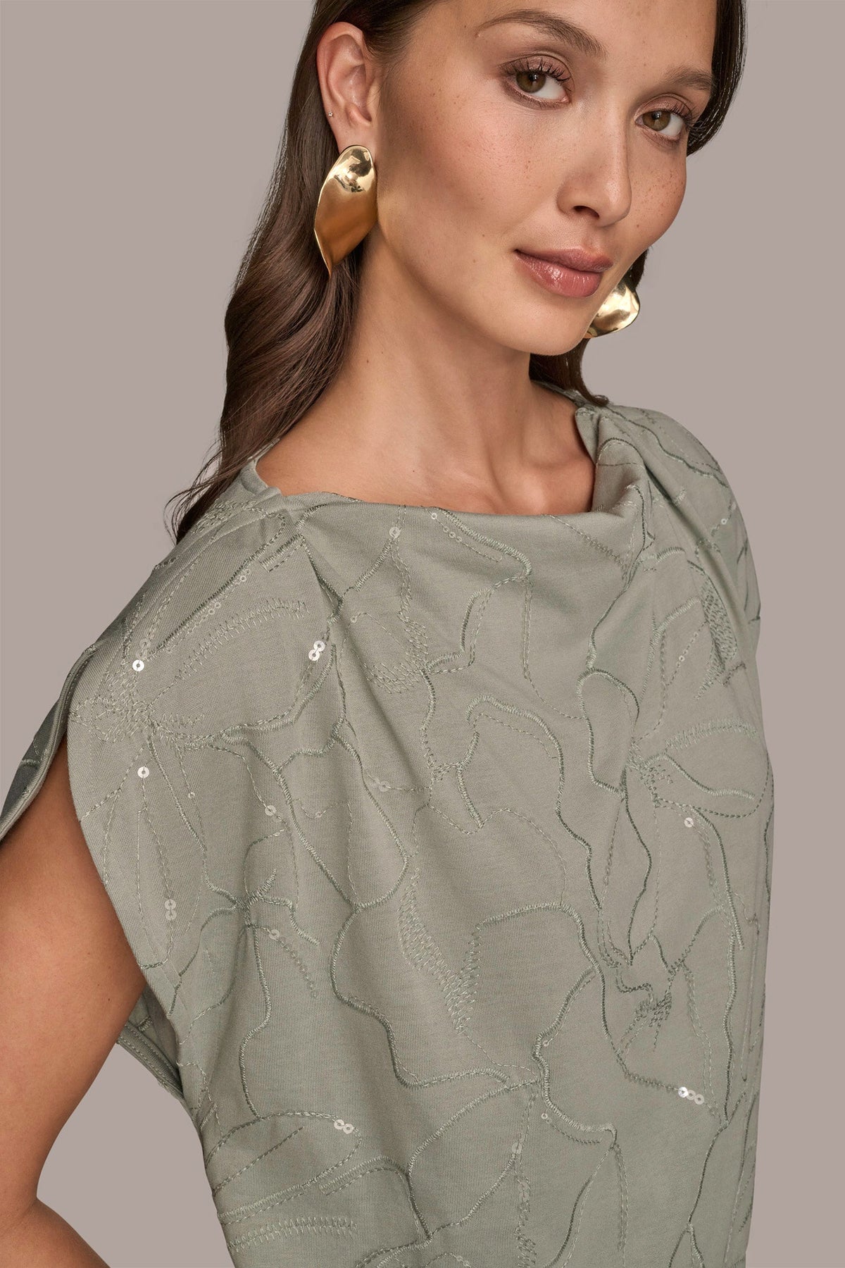 SHORT SLEEVE COWL-NECK SEQUIN TOP - WEATHERED SAGE