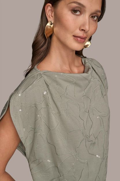 SHORT SLEEVE COWL-NECK SEQUIN TOP - WEATHERED SAGE