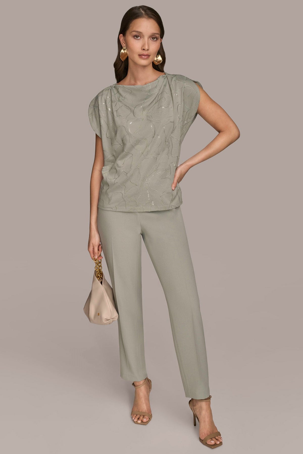 SHORT SLEEVE COWL-NECK SEQUIN TOP - WEATHERED SAGE