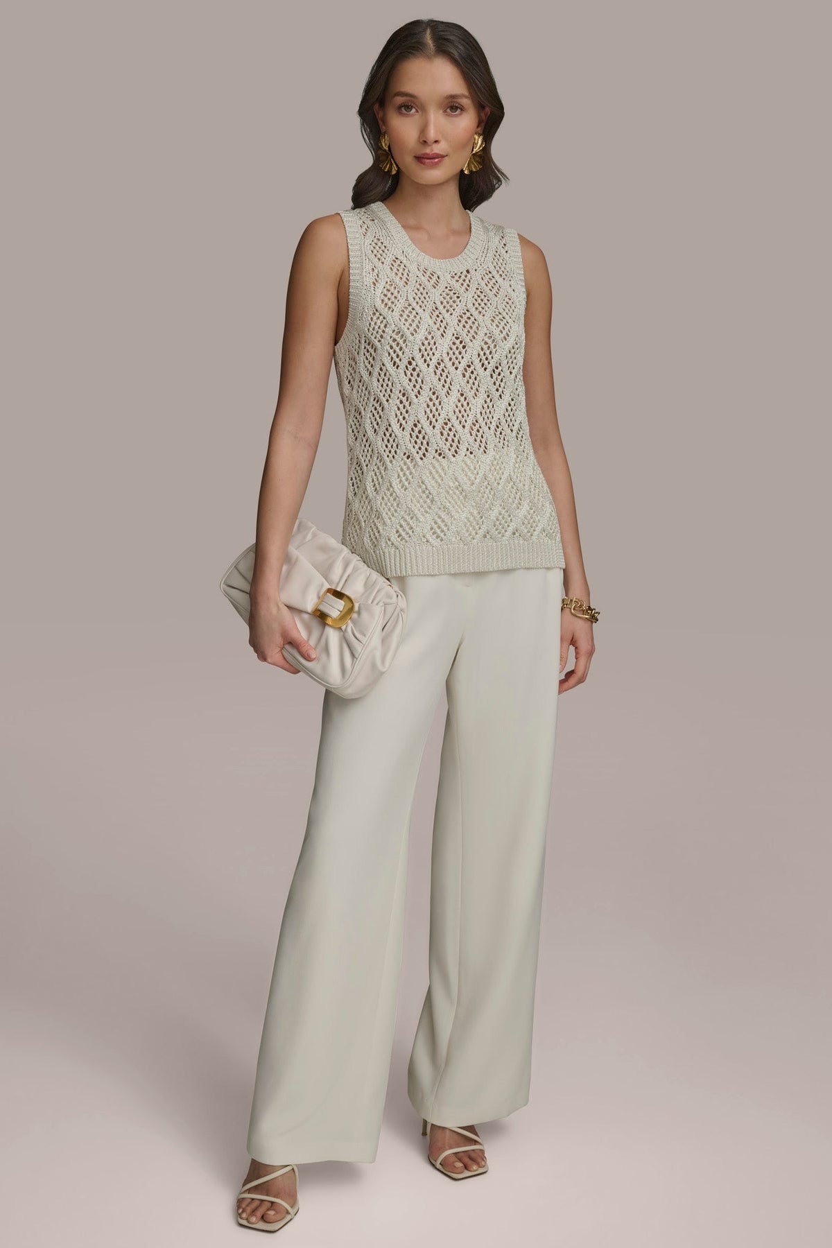 DIAMOND PATTERN CREW NECK TOP - cream