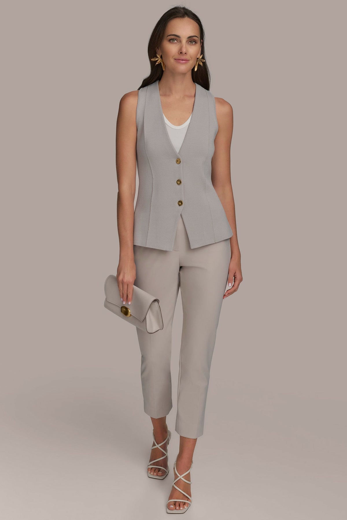 SLEEVELESS BUTTON UP SWEATER VEST - CLAY