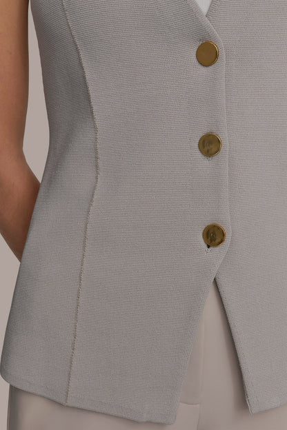 SLEEVELESS BUTTON UP SWEATER VEST - CLAY