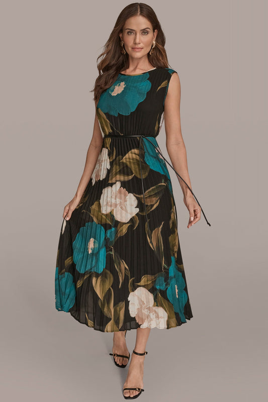 CHIFFON FLORAL PLEATED MAXI DRESS - MIDNIGHT GREEN MULTI