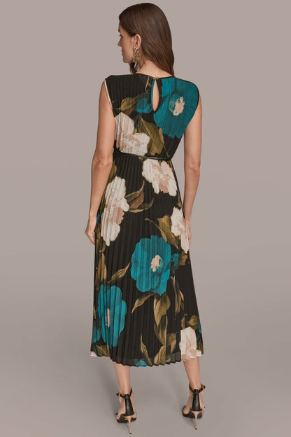 CHIFFON FLORAL PLEATED MAXI DRESS - MIDNIGHT GREEN MULTI