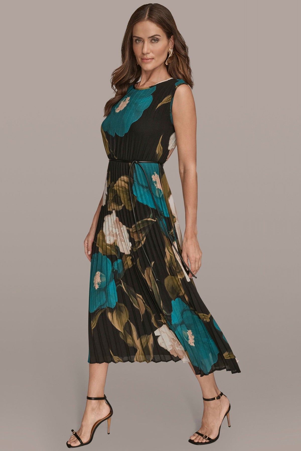 CHIFFON FLORAL PLEATED MAXI DRESS - MIDNIGHT GREEN MULTI