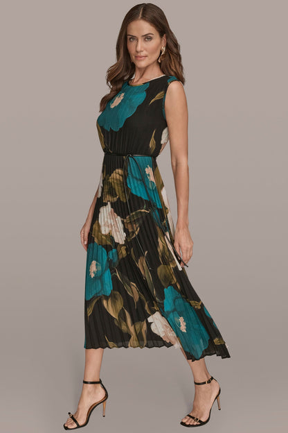CHIFFON FLORAL PLEATED MAXI DRESS - MIDNIGHT GREEN MULTI
