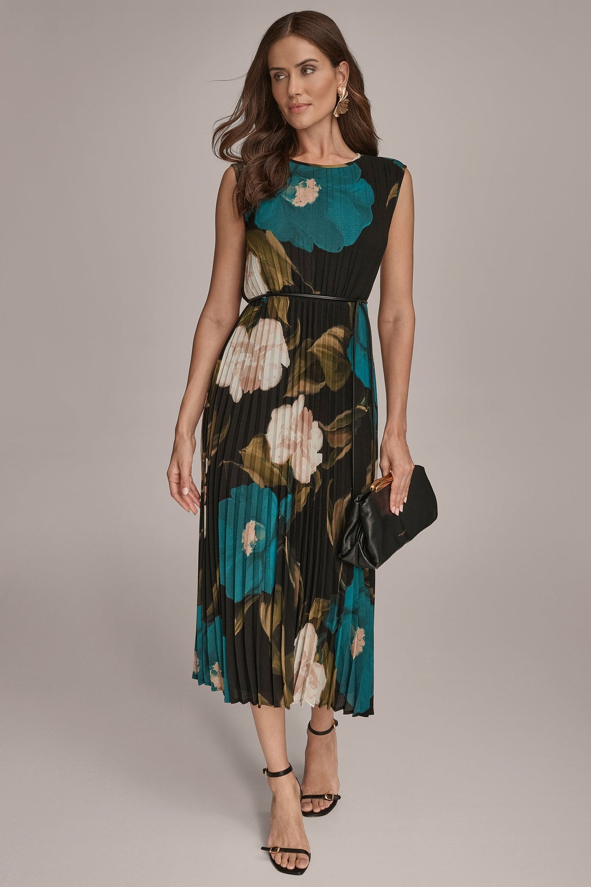 CHIFFON FLORAL PLEATED MAXI DRESS - MIDNIGHT GREEN MULTI
