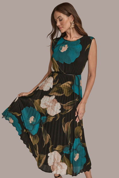 CHIFFON FLORAL PLEATED MAXI DRESS - MIDNIGHT GREEN MULTI